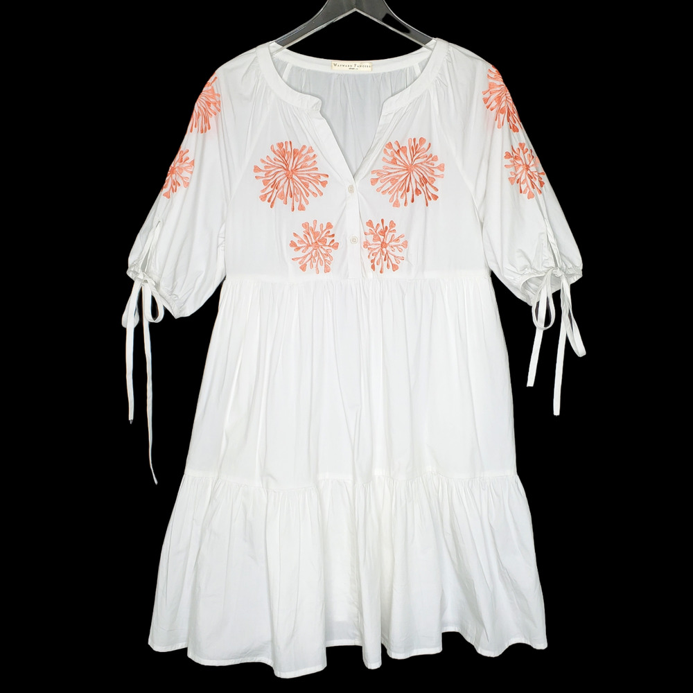 Wayward Fancies Eshakti Dress L White Poplin Tiered Embroidered cottagecore